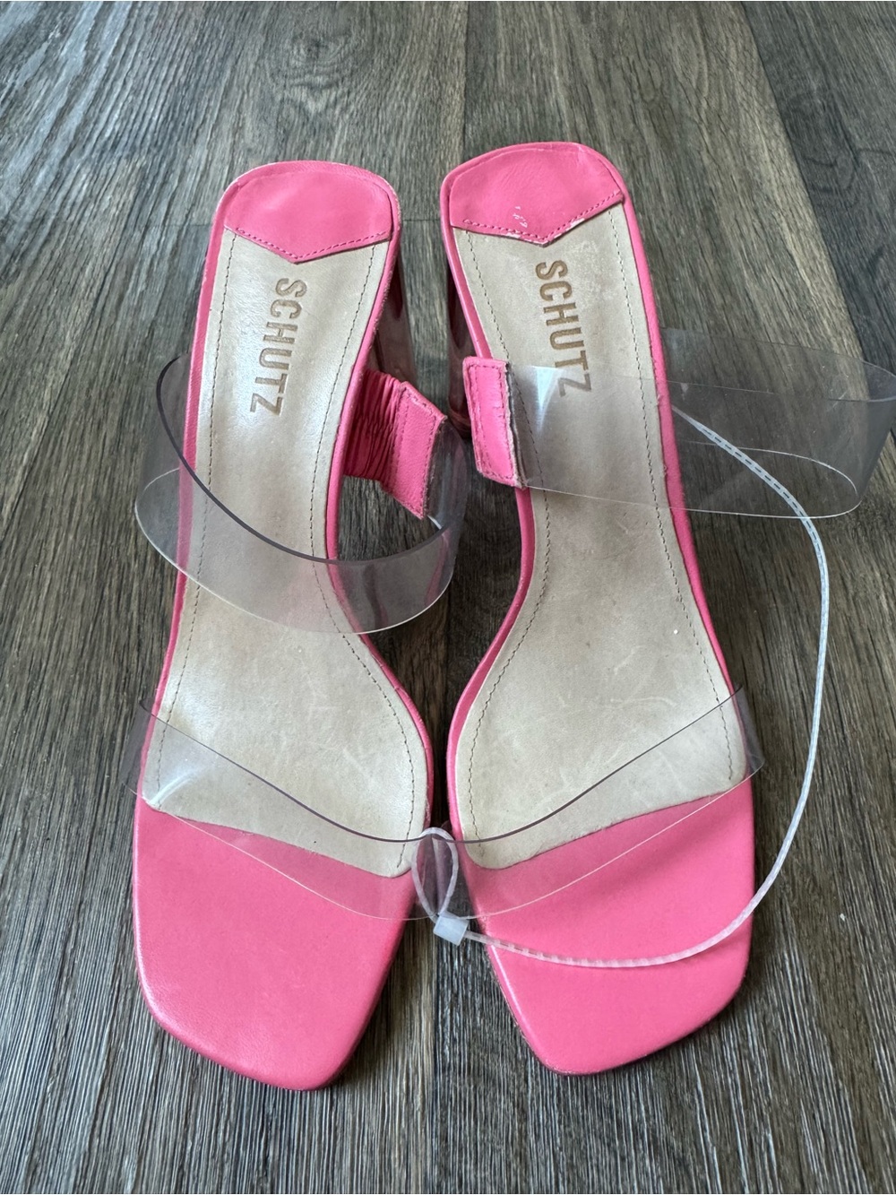 Schutz Ariella Pink Acrylic Block Heels Square Toe Slip-On Clear Straps 9.5B